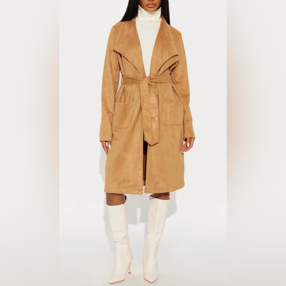 Tan Faux Suede Collar Belted Front Pocket Trench Coat - Picture 5 of 11